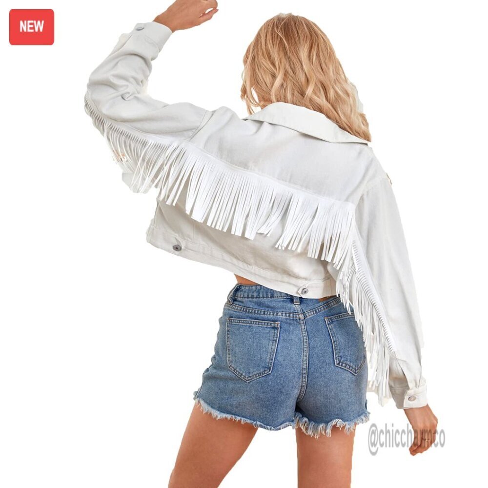 Cropped Denim Jacket with Fringe Detail, Oversized Fit, Button Front